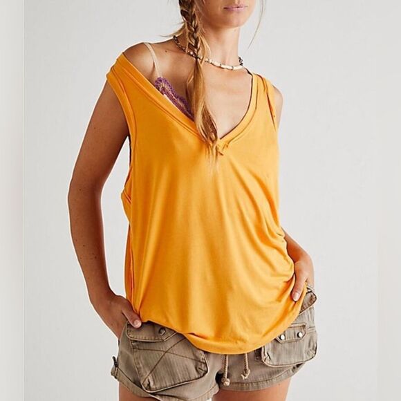 Free People Orange Moon Dance Knit Oversized V Neck Tank Top - Picture 1 of 9
